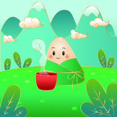 Duanwu festival in cartoon style. Dragon boat festival celebrated on 25 june. Smile zongzi character with tea