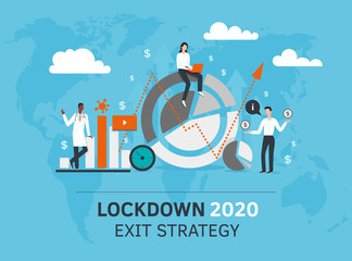 Lockdown exit strategy. Quarantine, lifting lockdown plan. Vector flat style illustration. Coronavirus, Covid, economy. Infographic diagram. Expert. stock market.