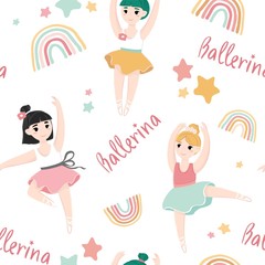 Seamless cartoon poster with three dancing little ballerinas, rainbows and stars. Printing on fabric, wallpaper, wrapping paper. Background for the school choreography and dance. Vector illustration.