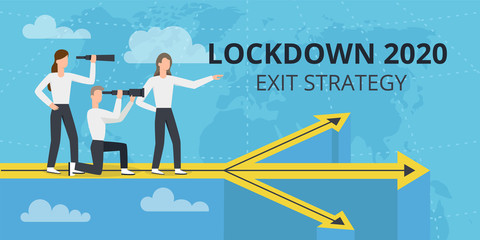 Vector flat style illustration of a man and woman with telescope. Lockdown 2020 exit strategy. Quarantine end, self isolation exit. People, coronavirus. Lifting lockdown plan