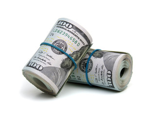 dollar bills knitted by a  rubber band isolated on white background