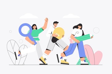 The concept of team work, business, partnership, cooperation. Brainstorming, business collaboration, several people running to the goal, holding a magnifying glass, a light bulb, an idea and a pencil.