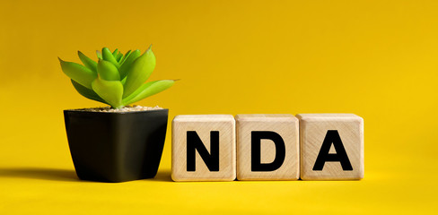 NDA - business financial concept on a yellow background. Wooden cubes and flower in a pot.