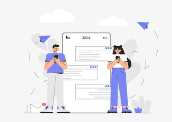 The concept of social networks and online communication. A young woman and a man standing near the screen of the phone, and chatting online. Vector illustration in a modern flat style.