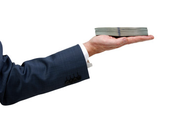 Businessman hand with money isolated on white