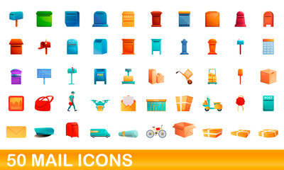 50 mail icons set. Cartoon illustration of 50 mail icons vector set isolated on white background