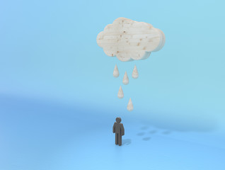 Water is falling from the clouds. A person who hits the rain. 3D rendering
