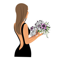 A girl in a black elegant dress. the woman has her back to me. a lady is holding a bouquet of flowers. vector illustration on a white background. postcard for a flower shop.
