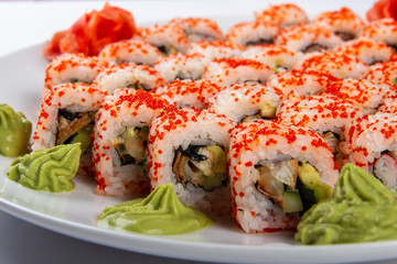 Studio photo japanese sushi rolls with caviar menu for restaurant