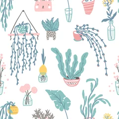Wall murals Plants in pots Cozy home decor elements seamless pattern. Vector hand drawn isolate illustrations of cute home plants in pots and banks, vases. Simple cartoony flat scandinavian style in pastel palette. Stay at home