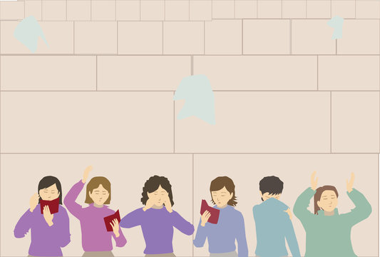 Six religious ultra - Orthodox Jewish women pray.
Some read from "prayer arrangement".
Flat vector drawing. In nice shades 
Against the backdrop of the Western  Wall in Jerusalem 
