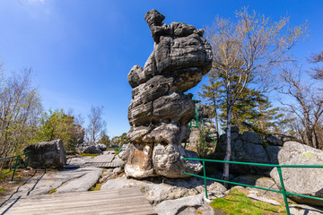 Stolowe Mountains National Park. Rock formations in Szczeliniec Wielki hiking trail near Kudowa-Zdroj, Lower Silesia, Poland. - obrazy, fototapety, plakaty
