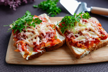 Baked hot sandwiches on white bread with fried vegetables in tomato sauce, Servelat straws, melted cheese and green watercress on a wooden Board