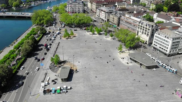 Zuerich Switzerland Drone Aerial Sechselaeutenplatz at Bellevue - Large Square at Lake in City Center Downwards Tilt