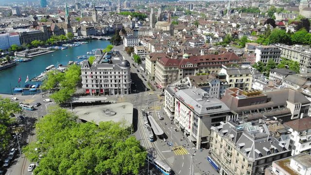 Zuerich Switzerland Drone Aerial of Bellevue Tram Station, Limmat and Old Town - Moving Upwards Movement