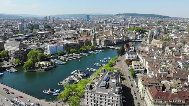 Beautiful Zuerich Switzerland Drone Aerial of Limmat River at Bellevue Tram Station - Moving Forward Shot