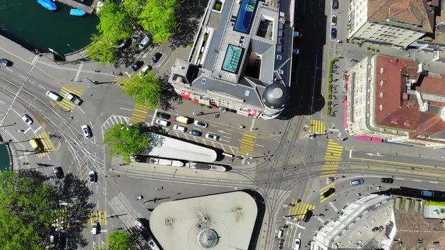 Zuerich Switzerland Drone Aerial Top View of Bellevue Tram Station with Tram Traffic