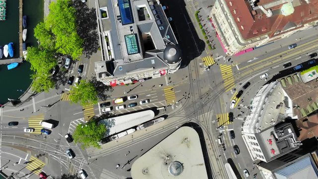 Zuerich Switzerland Drone Aerial Top View of Bellevue Tram Station with Tram Traffic - No Movement Shot