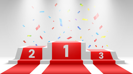 White winners podium with red carpet and confetti. Stage for awards ceremony. Pedestal with spotlights. Vector illustration.
