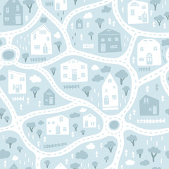Baby City map with roads and buildings. Vector seamless pattern in blue color. Cartoon illustration in childish hand-drawn scandinavian style. For nursery room, textile, wallpaper, clothing, etc