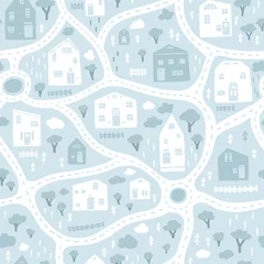  Baby Stadsplattegrond met wegen en gebouwen. Vector naadloos patroon in blauwe kleur. Cartoon afbeelding in kinderachtig handgetekende Scandinavische stijl. Voor kinderkamer, textiel, behang, kleding, etc © Світлана Харчук