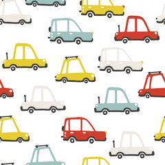 Baby city cars. Vector seamless pattern with cute funny transport. Cartoon illustrations in simple childish hand-drawn Scandinavian style for children. Simple pastel palette.