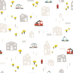 Baby urban landscape with houses and cars rescue services. Vector seamless pattern. Cartoon illustration in childish hand drawn Scandinavian style. For nursery room, textiles, packaging, clothes