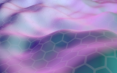 Colorful honeycomb with a gradient color on a light background. Perspective view on polygon look like honeycomb. Wavy surface. Isometric geometry. 3D illustration