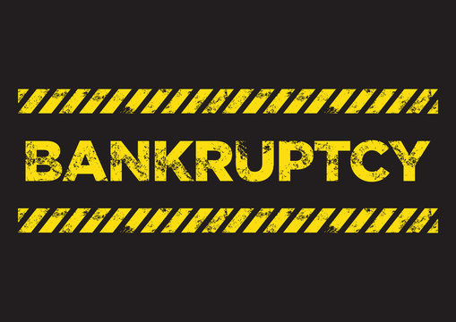 Bankruptcy distress sign. Broken yellow font text. Concept of economy recession or business crisis.