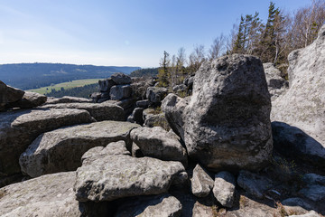 Stolowe Mountains National Park. Path in Rock Labyrinth hiking trail Bledne Skaly. Errant Rocks in Sudetes Mountains near Kudowa-Zdroj, Lower Silesia, Poland.
