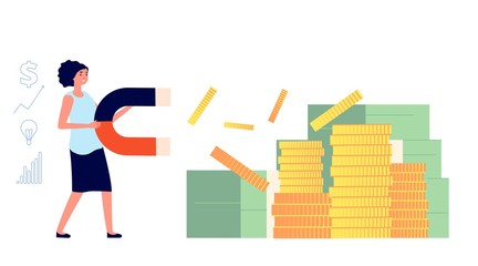 Money attraction. Woman holdings magnete. Business lady attracting investment. Magnetic power, wealth and gold coins vector illustration on white background
