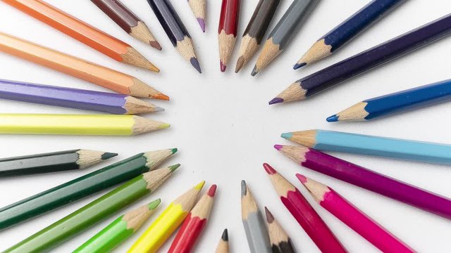 4K multi coloured colour pencils flip animation time lapse time-lapse picture animation colourful round circle white background