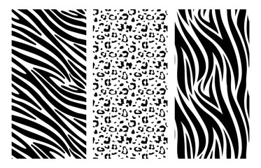 Animal print set. Leopard, zebra skin pattern. Black dots and stripes background. African wildlife, safari trendy vector seamless texture. Leopard animal pattern, seamless texture print illustration