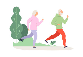 Elderly running. Grandparents park workout, happy old people jogging. Man woman activity on nature, happy training vector illustration. Grandfather and grandmother, fitness together, jogging