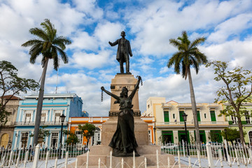 Parque de Libertad,. Spanish style plaza in the centre of Matanzas. Liberty statue in the centre depicting Jose marti and an open armed woman with broken chains.