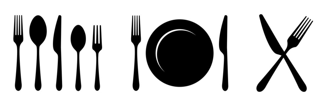 Plate, knife, spoon and fork icon. Vector illustration