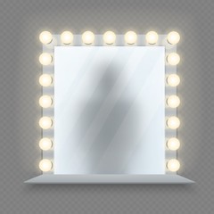 Realistic makeup mirror. Glass in bulbs frame with table. Shadow reflection, equipment for dressing room vector illustration. Mirror with bulb, glass frame fashion, illuminated backstage