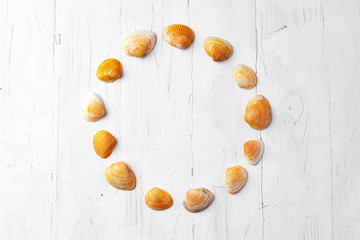 Round frame formed from sea shells on white wooden background, top view, copy space