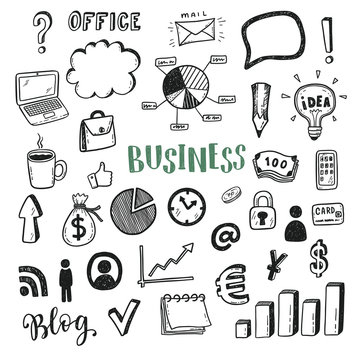 hand drawn business doodle icons set.