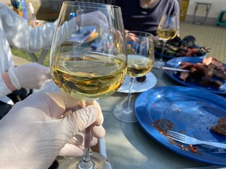 hand in a white glove holds a glass of white wine