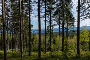 Rudawy Janowickie Landscape Park. Mountain range in Sudetes in Poland. View from Mala Ostra hill.