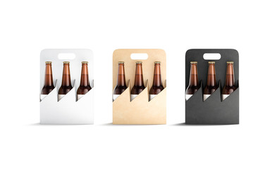 Blank black, white and craft cardboard holder for bottle mockup