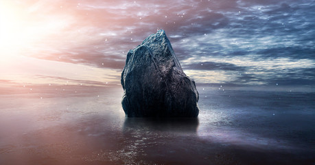 Night futuristic landscape. Reflection of the moon on sea water. Large stones, rocks on the shore,...