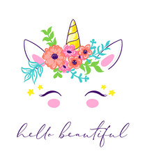 Obraz na płótnie Canvas cute unicorn face in floral wreath, t shirt, card print design. Hello beautiful phrase