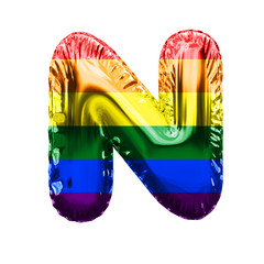 Letter N gay pride flag shiny foil balloon font. 3D Rendering