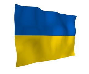 The flag of Ukraine on a white background. National flag and state ensign. Blue and yellow bicolour. 3D illustration waving flag