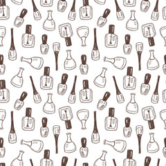 Seamless vector pattern background with hand drawn nail polish bottles.