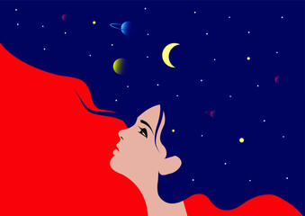 The profile of a girl with he hair full of stars inside. Female portrait of magic night fairy. Vector illustration. Fantasy, spirituality, occultism.