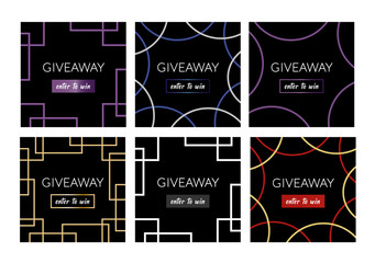 Social media giveaway banners with gradient lines on the black background. Collection of elegant dark square vector templates. Enter to win a prize