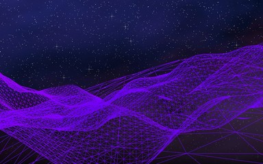 Abstract ultraviolet landscape on a dark background. Purple cyberspace grid. hi tech network. Outer space. Violet starry outer space texture. 3D illustration